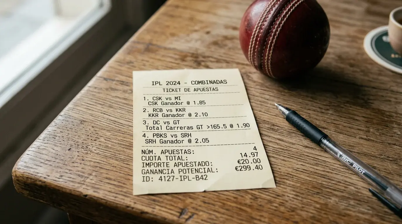 Ticket de apuestas combinadas en cricket con varias selecciones de partidos de la IPL
