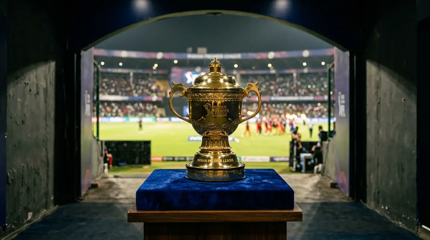 Trofeo de la IPL sobre un podio en un estadio de cricket iluminado