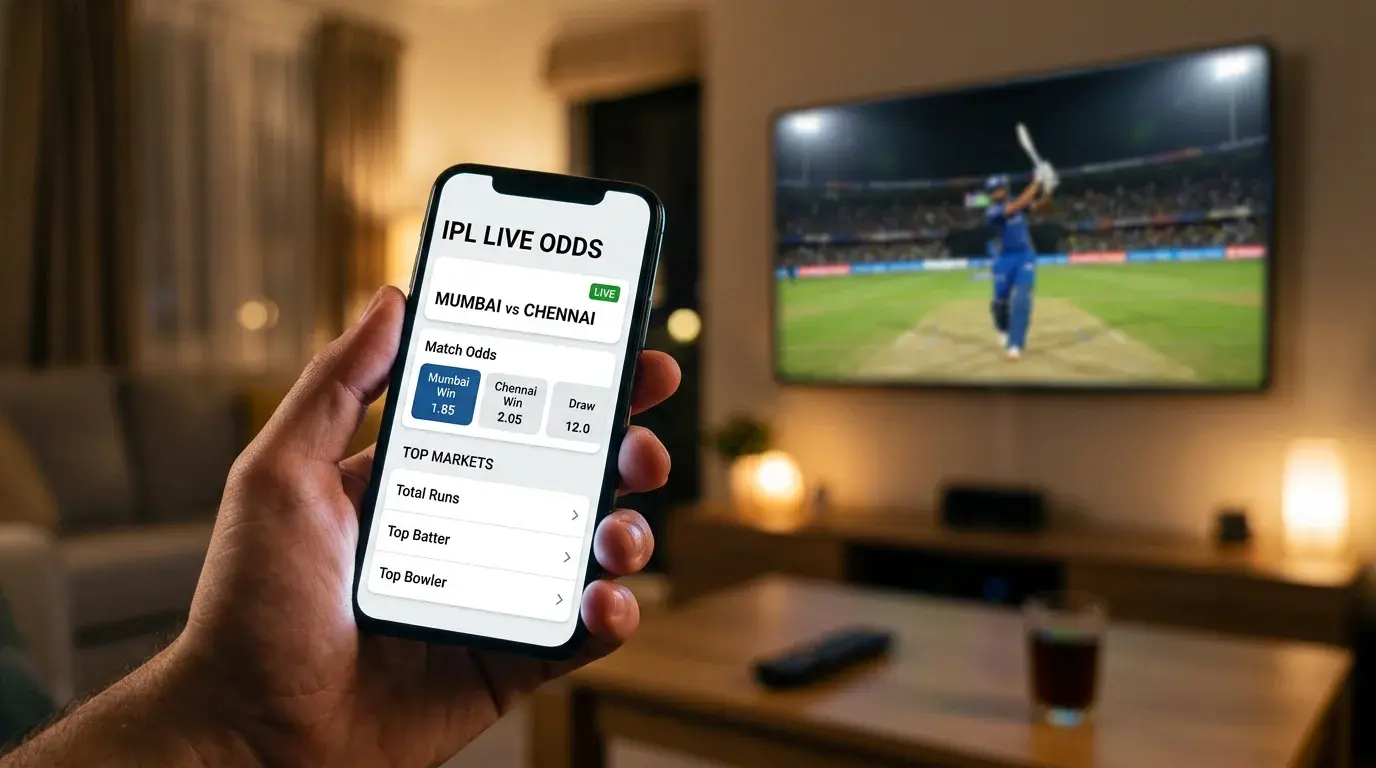 Mano sosteniendo un telefono movil con una app de apuestas de cricket abierta