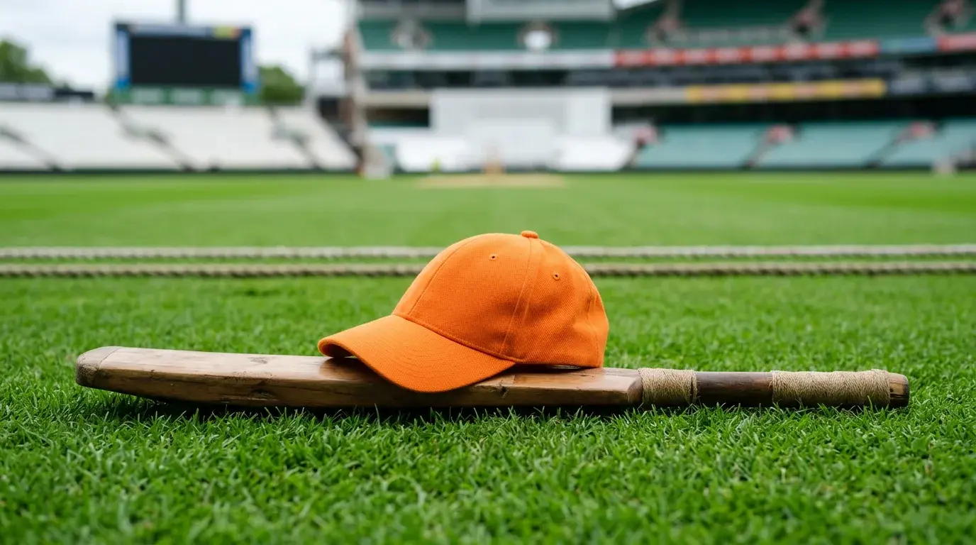 Gorra naranja de cricket sobre un bate de madera en un campo de juego