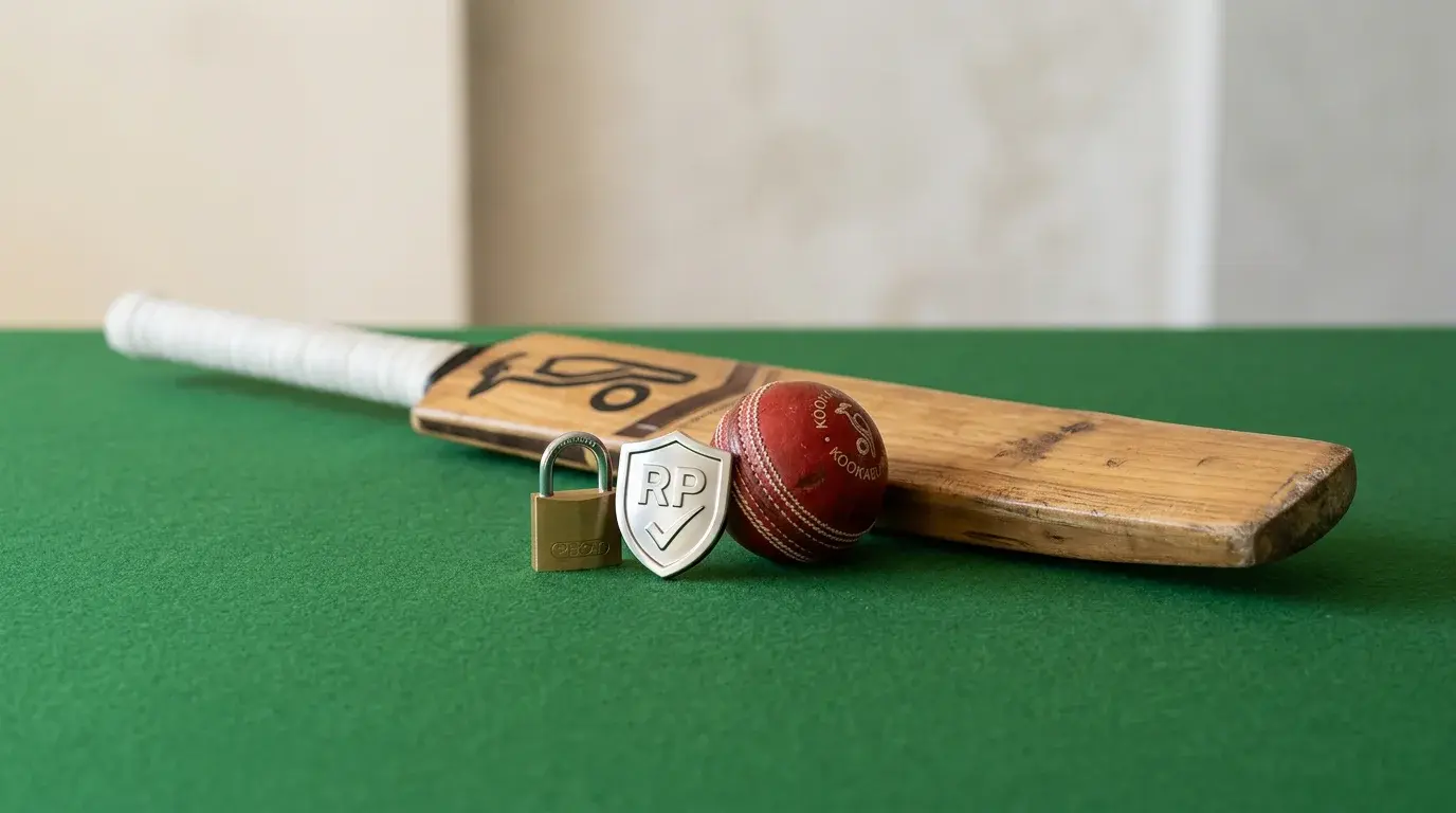 Escudo de proteccion junto a un bate y una bola de cricket simbolizando el juego responsable