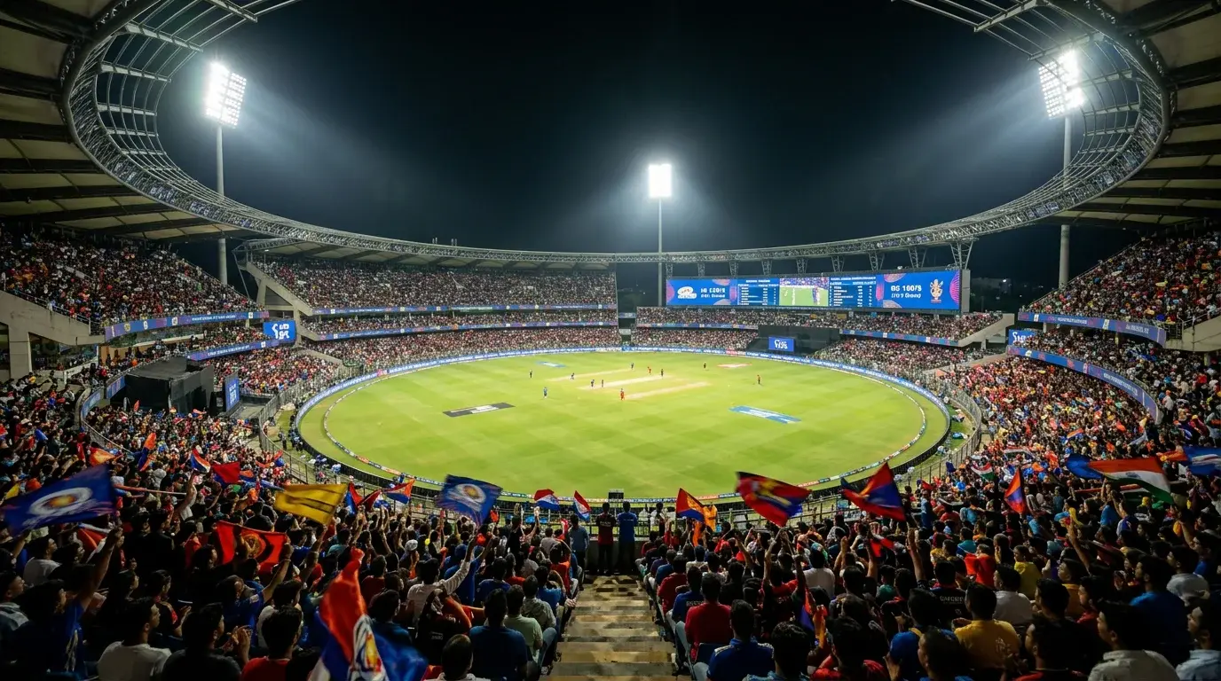 Gradas llenas de un estadio de cricket durante un partido nocturno de la IPL con focos encendidos