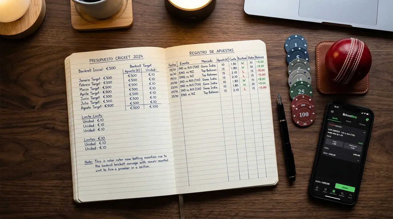 Libreta con un plan de apuestas y fichas de poker sobre una mesa junto a un bate de cricket