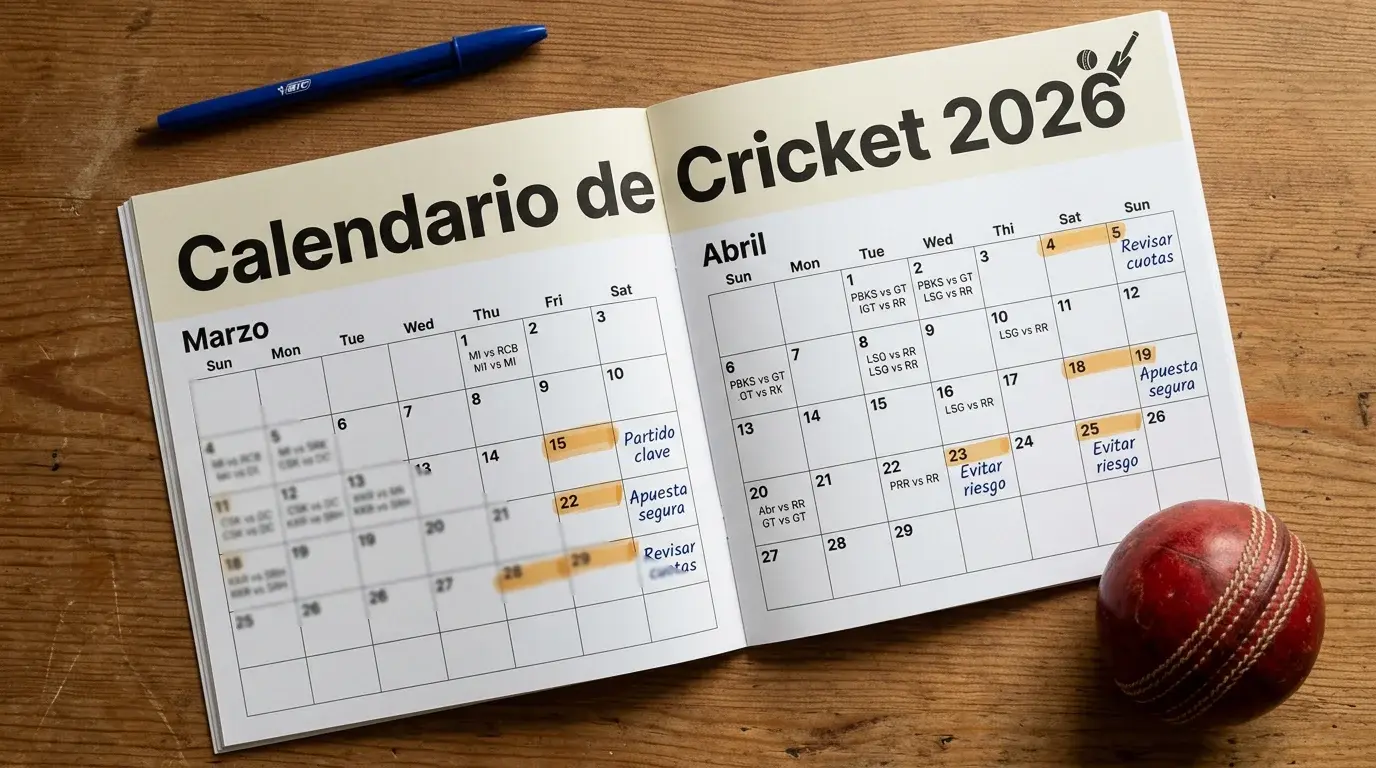 Calendario deportivo con partidos de cricket de la IPL 2026 marcados y horarios en zona europea