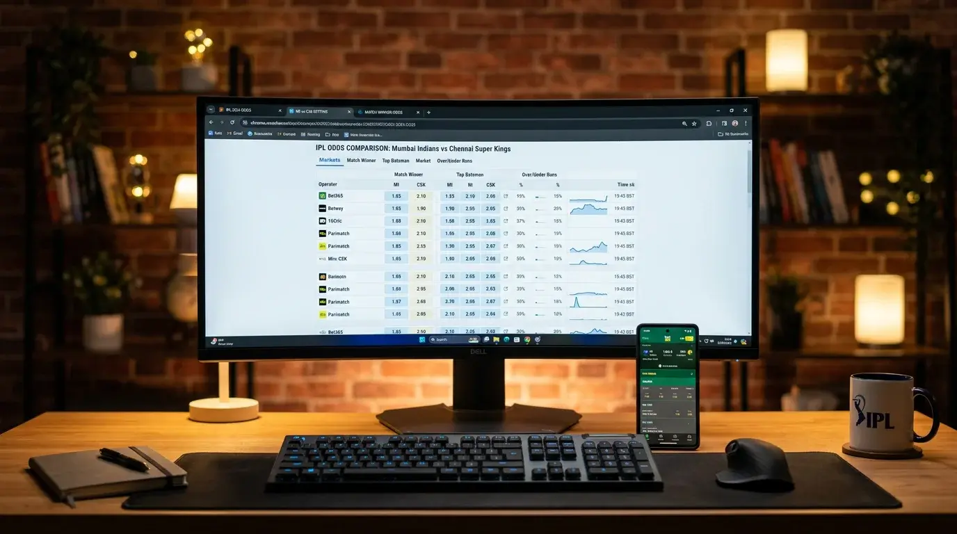 Pantalla de ordenador mostrando cuotas de apuestas de cricket de varios operadores en paralelo