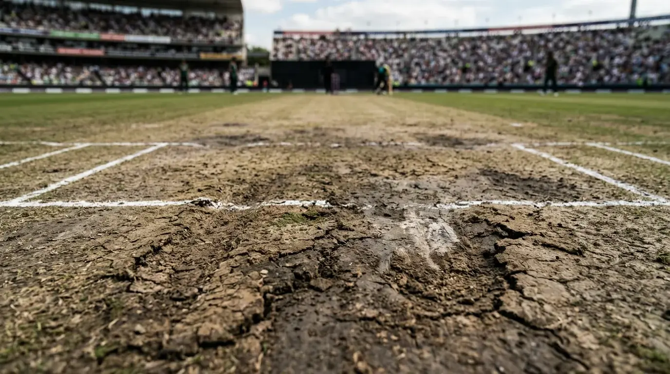 Primer plano de un pitch de cricket con grietas y marcas de desgaste en un estadio