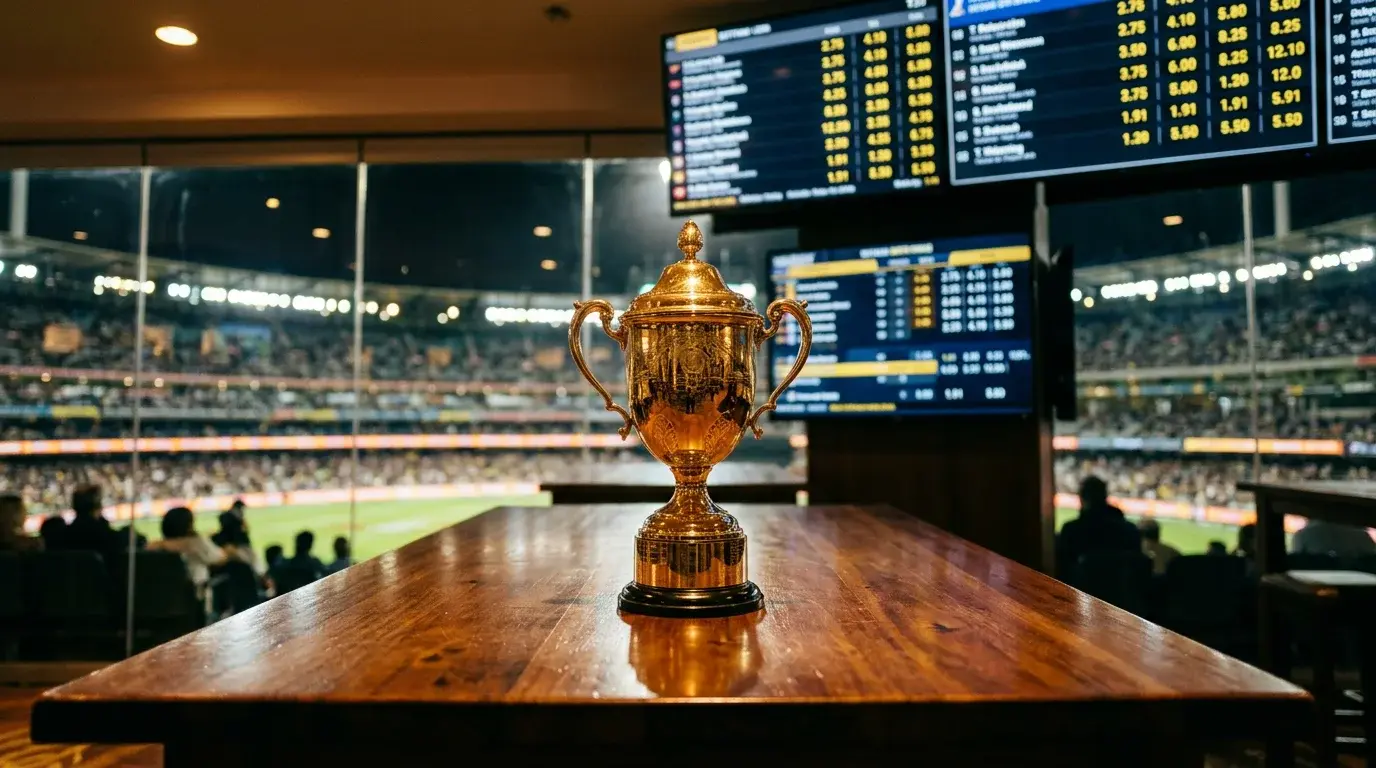 Trofeo dorado de la IPL sobre una mesa con cuotas de apuestas en pantallas al fondo