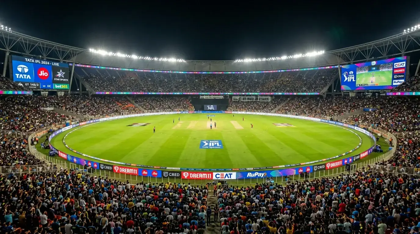 Estadio de cricket de la IPL lleno de publico con pantallas mostrando datos financieros del torneo