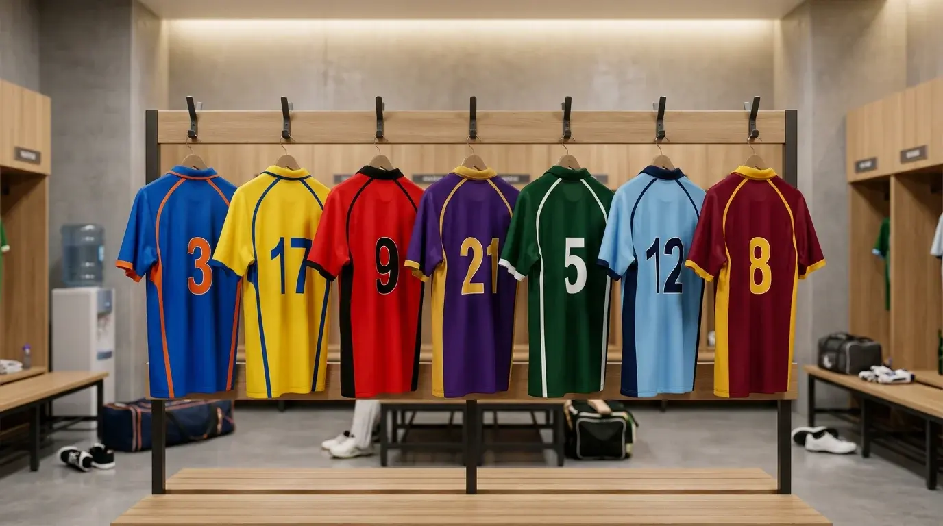Camisetas de cricket de colores variados colgadas en un vestuario deportivo