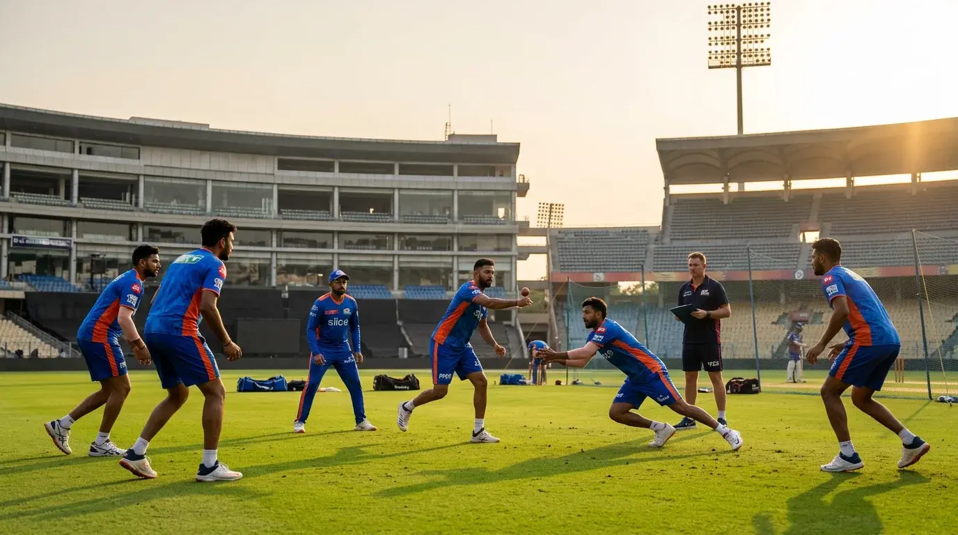 Jugadores de cricket en sesion de entrenamiento previo a la temporada IPL 2026 en un estadio de India