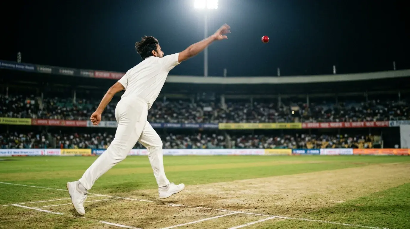 Jugador de cricket lanzando una pelota roja en un estadio iluminado durante un partido nocturno