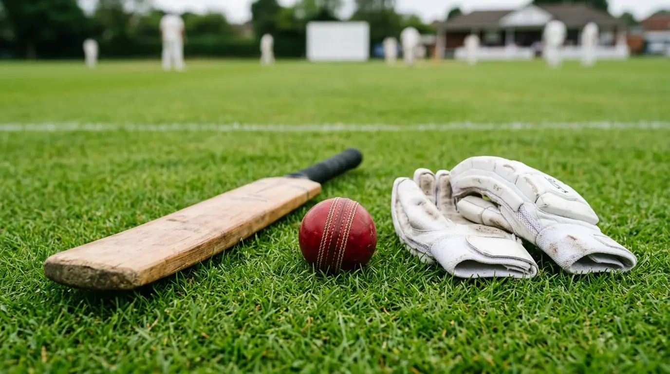 Pelota de cricket roja junto a un bate de madera y guantes sobre cesped verde