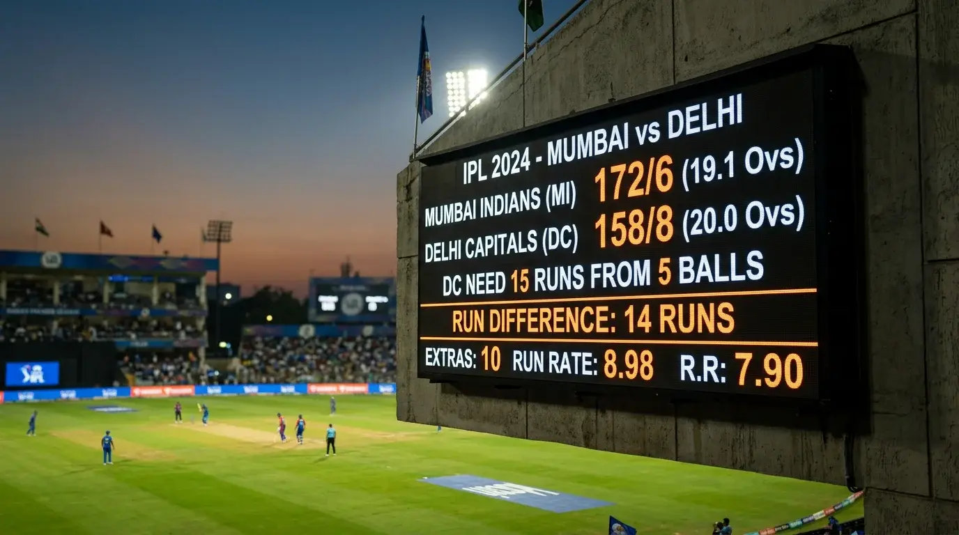 Marcador de cricket mostrando el resultado de un partido de la IPL con diferencia de carreras