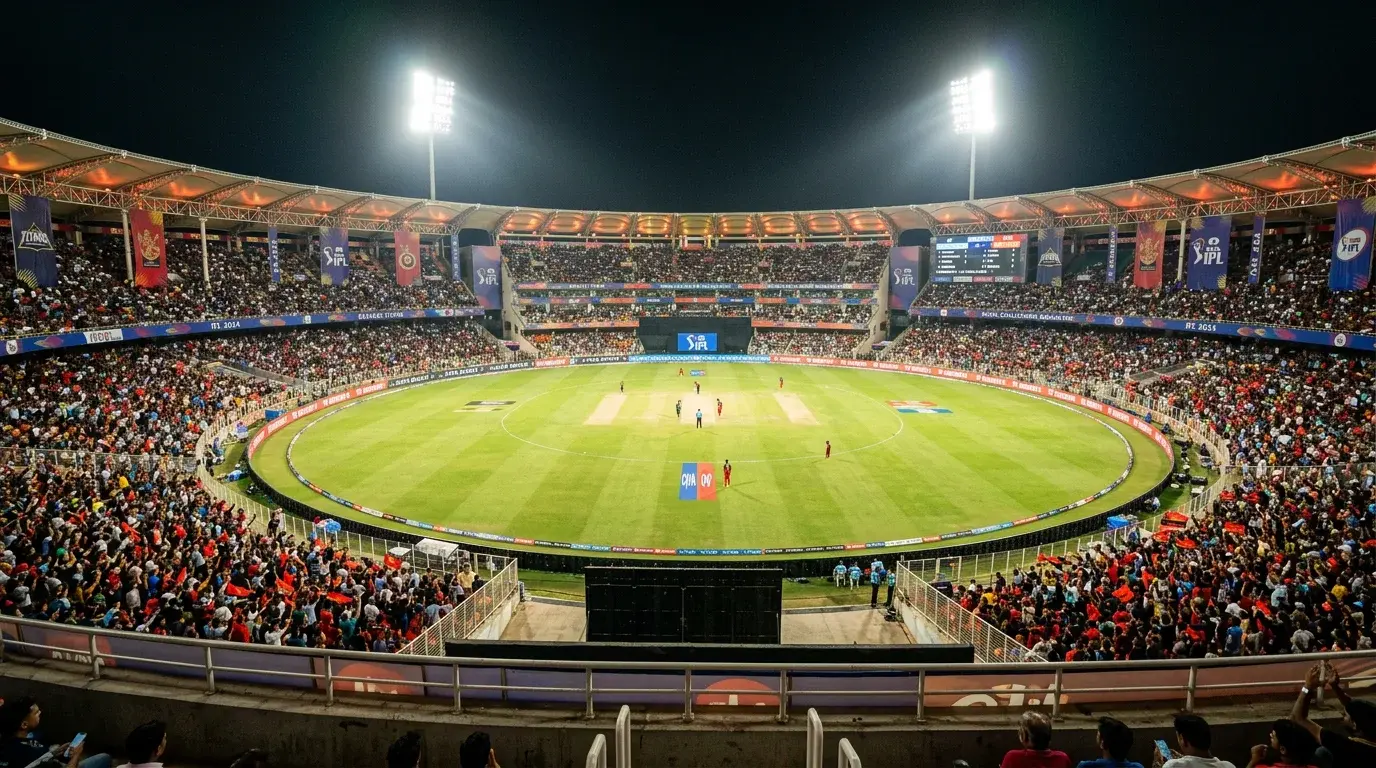 Estadio de cricket historico con gradas repletas durante un partido nocturno de la IPL