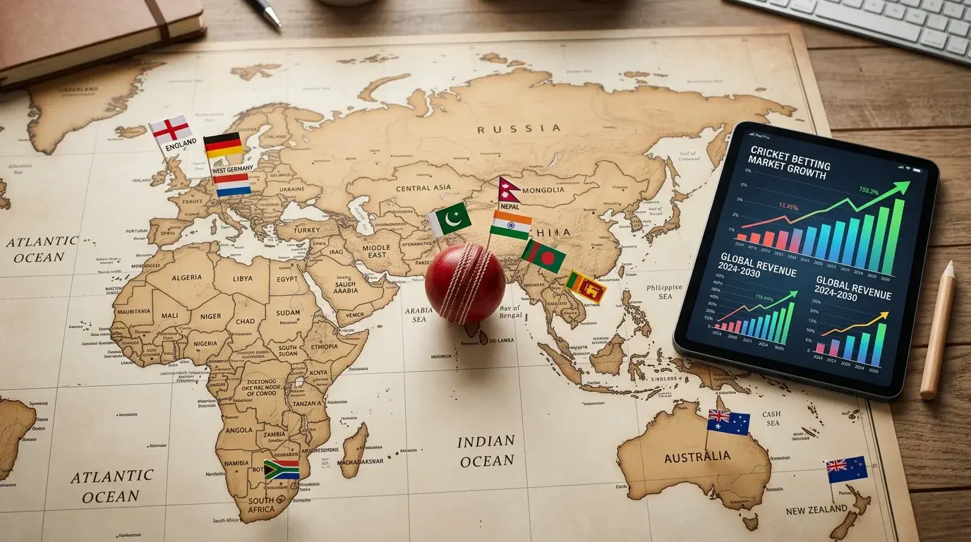 Mapa mundial con indicadores de volumen de apuestas en cricket resaltando Asia y Europa