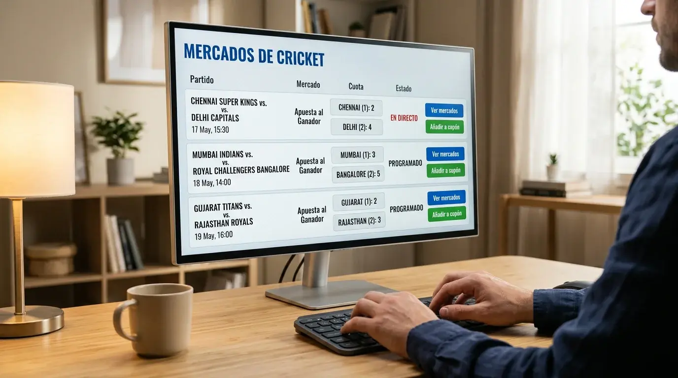 Pantalla de ordenador mostrando multiples mercados de apuestas disponibles para un partido de cricket IPL