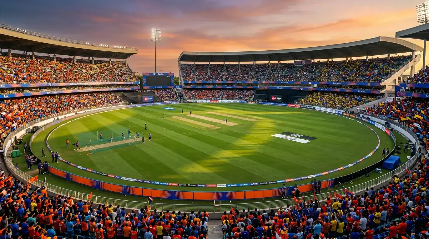Estadio de cricket preparado para la temporada IPL 2026 con gradas llenas de espectadores