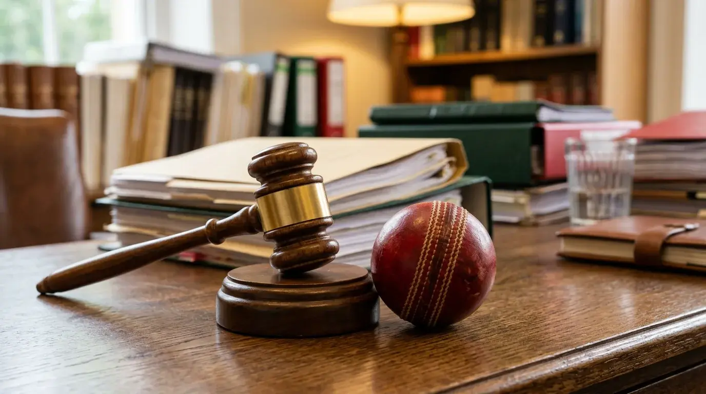Mazo de juez junto a una pelota de cricket sobre un escritorio con documentos legales