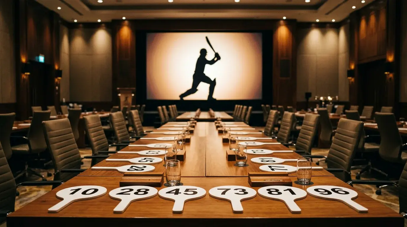 Sala de subastas con paletas numeradas y una pantalla mostrando el perfil de un jugador de cricket